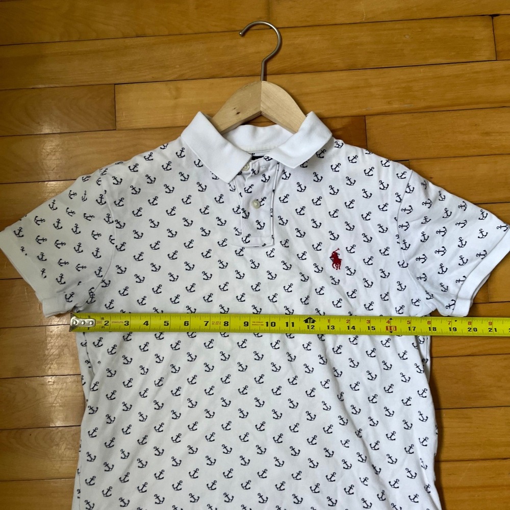 Polo Ralph Lauren Mens Custom Slim Fit Anchor Print Polo Shirt White Navy S - Picture 4 of 6